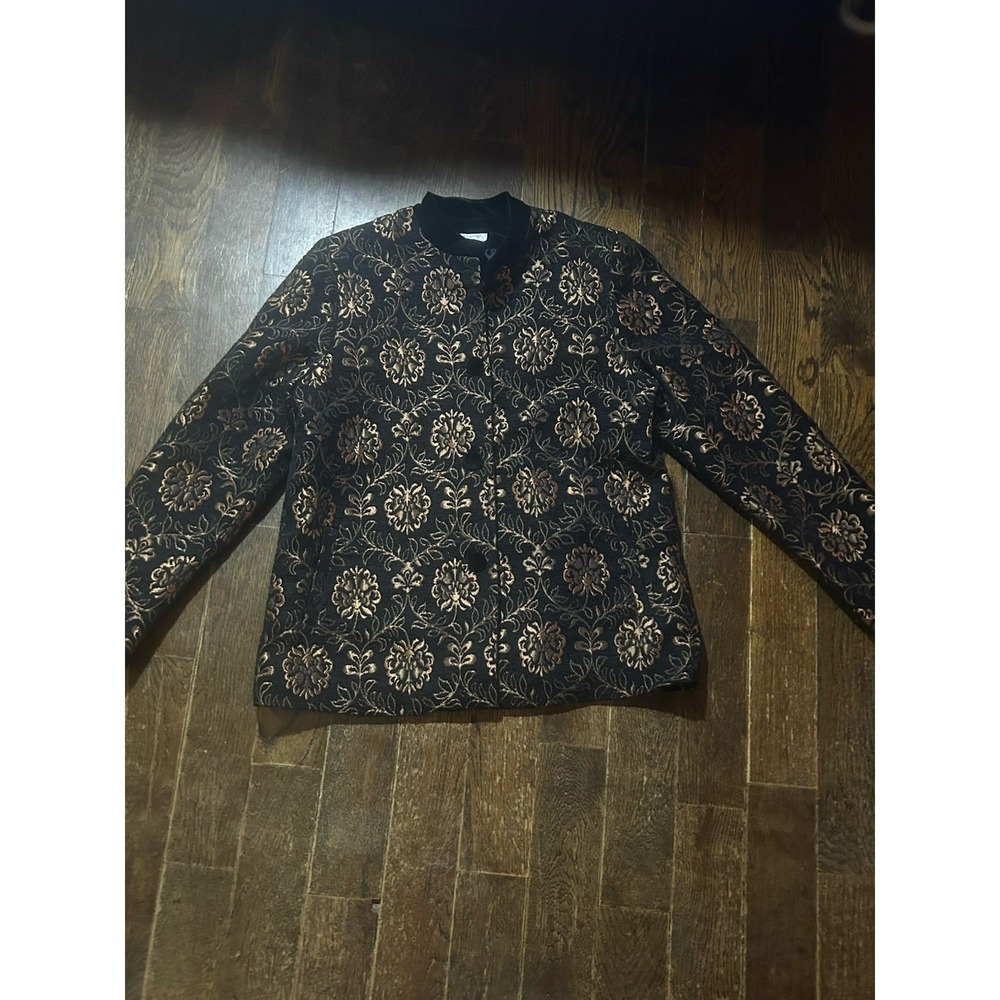 Laura‎ Ashley Preowned Blazer Jacket Womens Black/Gold Textured Size Med Pet VTG